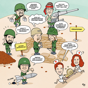 Karikatur Karikaturist Wien Wimmelbild Gefechtsstand Pensionsantritt Soldaten Verkaufsoffensive Chefetage